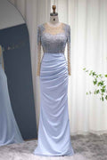 Jewel Neck Mermaid Wrinkled Prom Dress Long Sleeves With Beading