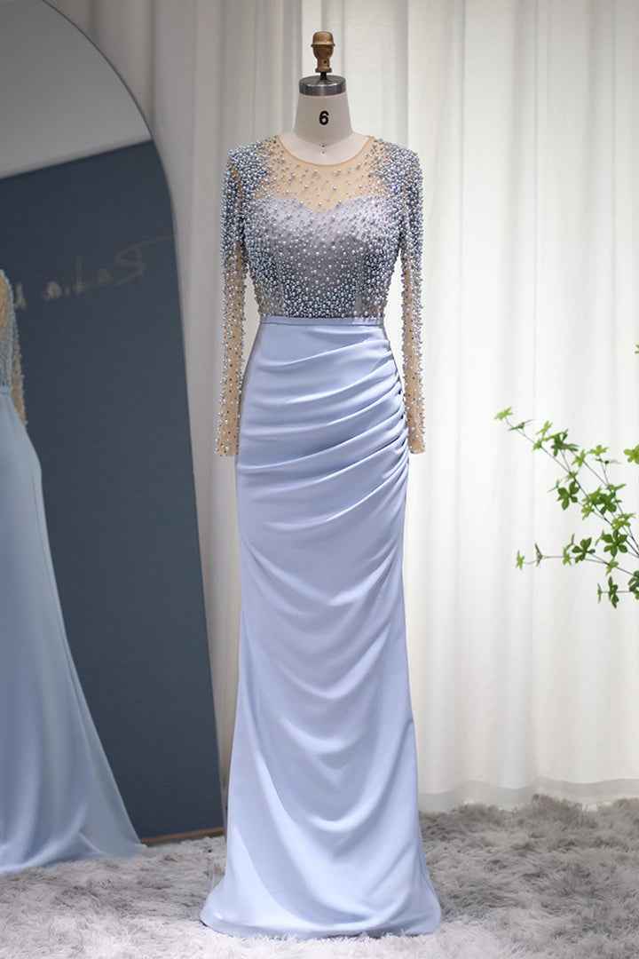 Jewel Neck Mermaid Wrinkled Prom Dress Long Sleeves With Beading