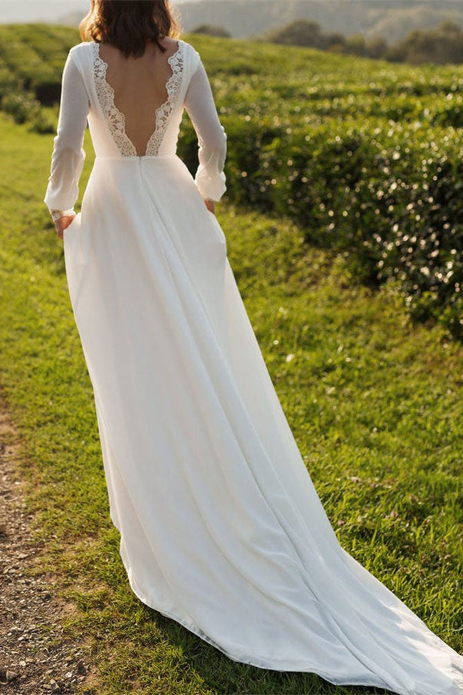 Long Sleeve Backless Chiffon Wedding Dress BM bride