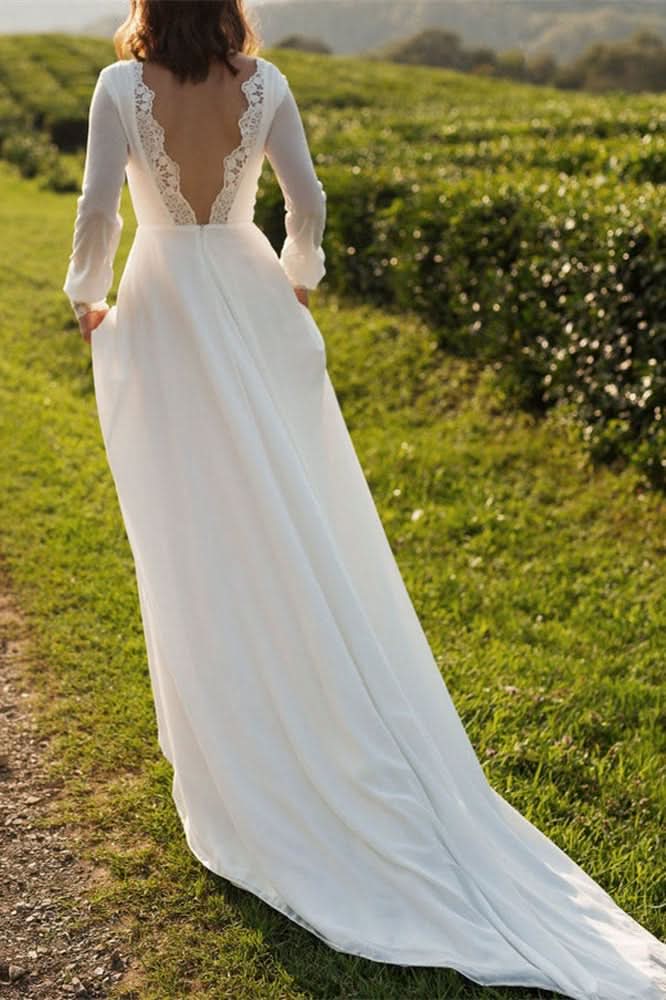 Long Sleeve Backless Chiffon Wedding Dress BM bride