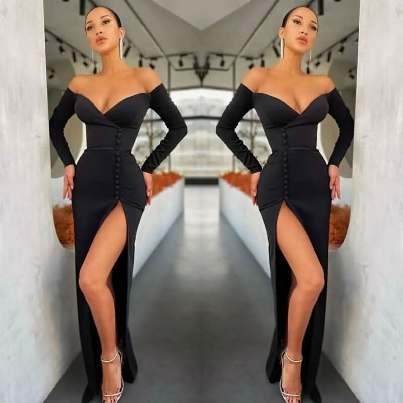 Black V-Neck Mermaid Evening Dress with Front Split, Long Sleeves, and Off-The-Shoulder BM bride