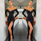 Black V-Neck Mermaid Front Split Long Sleeves Evening Dress with Off-The-Shoulder BM bride