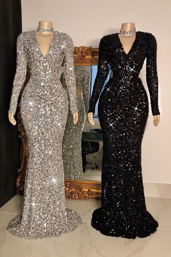 Long Sleeves Sequins Mermaid Evening Dress BM bride