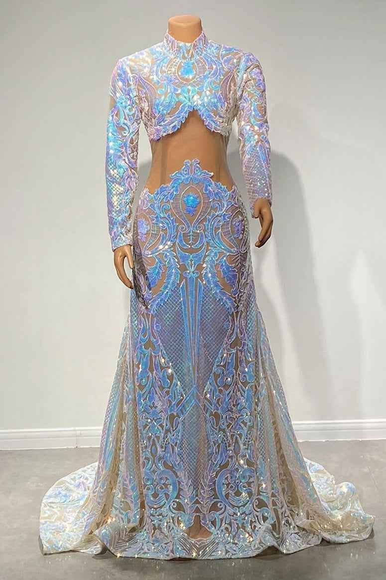 Glamorous High Neck Mermaid Long Sleeves Long Prom Dress With Sequins Lace