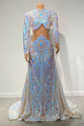 Glamorous High Neck Mermaid Long Sleeves Long Prom Dress With Sequins Lace