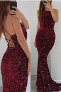 Burgundy Sleeveless Sequined Mermaid Prom Dress BM bride