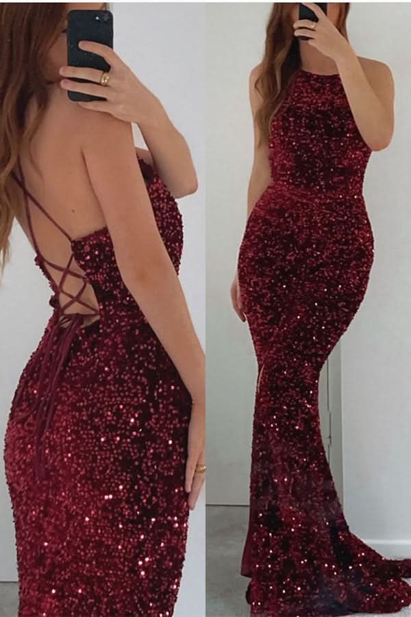 Burgundy Sleeveless Sequined Mermaid Prom Dress BM bride