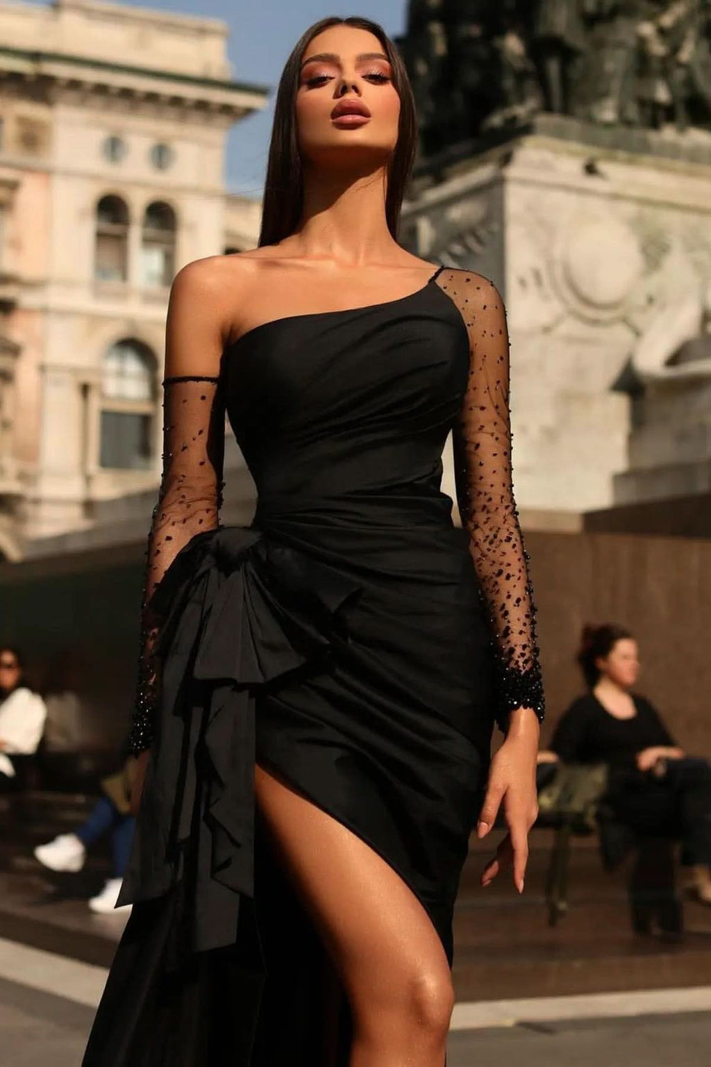 Black Prom Dress Long Sleeves Tulle One Shoulder with Pleated Slit BM bride