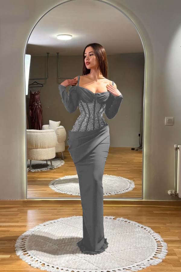 Off the Shoulder Long Sleeves Long Prom Dress With Sequins Pleated BMBRIDE