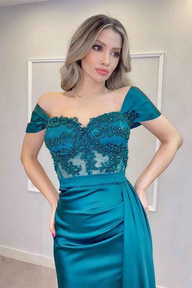 Off the Shoulder Long Split Prom Dress With Appliques Pleated