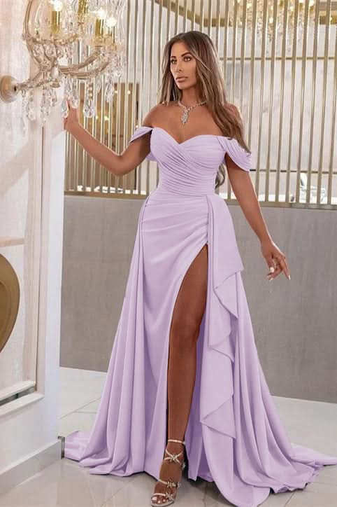 Elegant Sky Blue Off-The-Shoulder Sweetheart Prom Dress with Split Mermaid BM bride