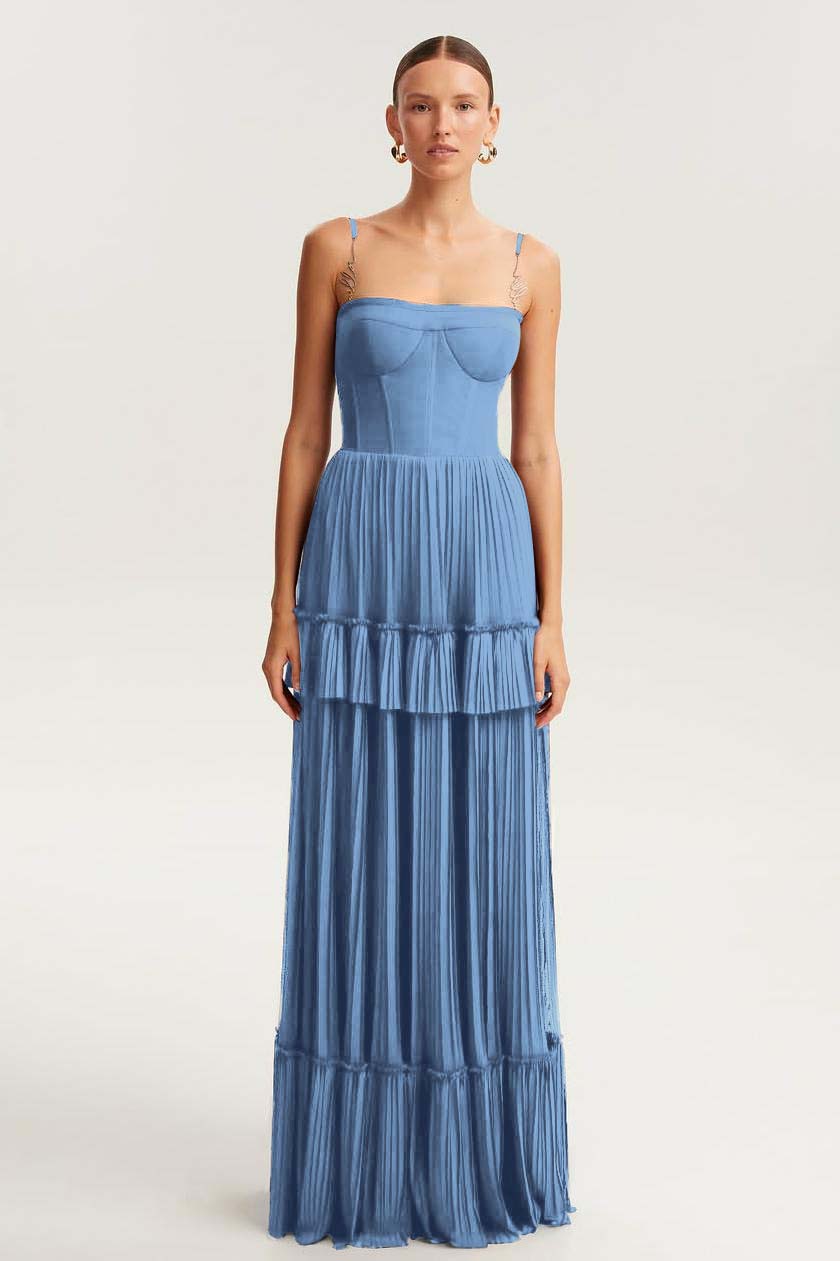 Spaghetti Strap Sleeveless Long Prom Dress With Ruffles
