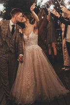 Long Sleeveless Tulle Lace Spaghetti Strap A-Line Wedding Dress with V-Neck BM bride