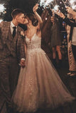 Long Sleeveless Tulle Lace Spaghetti Strap A-Line Wedding Dress with V-Neck BM bride