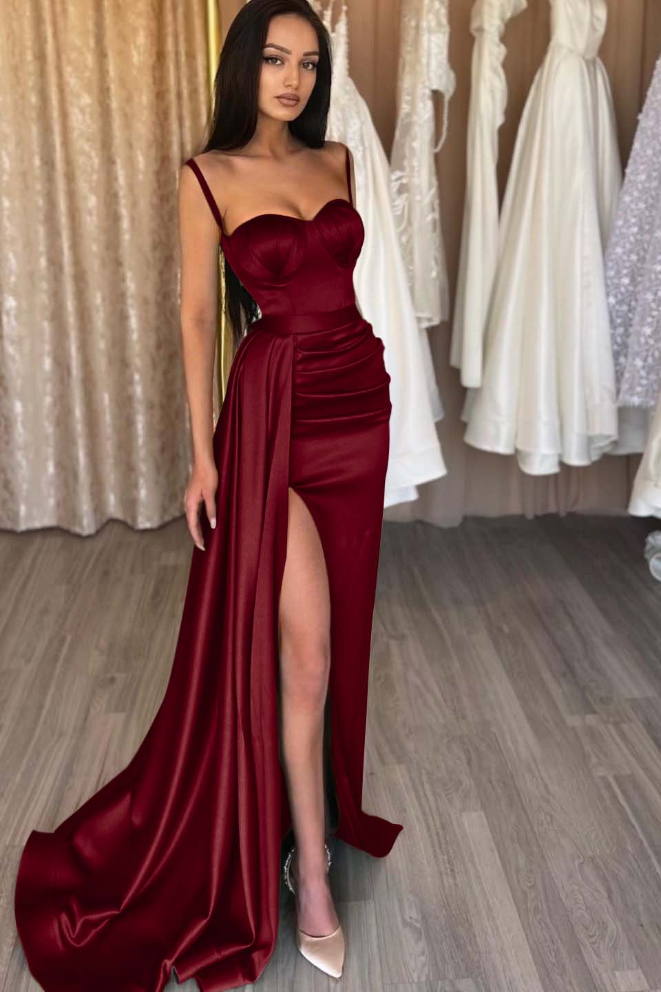 Spaghetti Strap Sweetheart Sage Mermaid Prom Dress With Split BMBRIDE