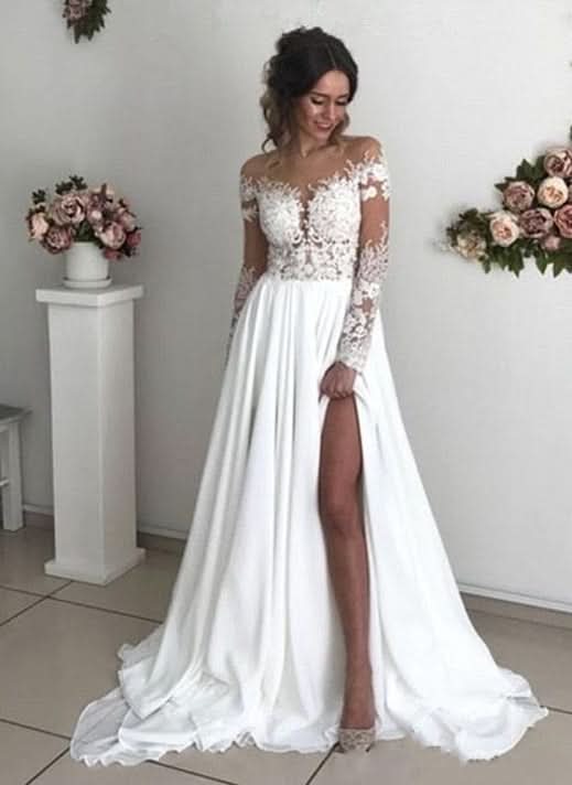 Long A-Line Long Sleeve Wedding Dress with Chiffon Lace and Slit BM bride