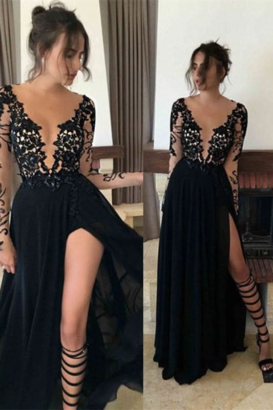 Black Long Sleeve Evening Dress with Split BM bride