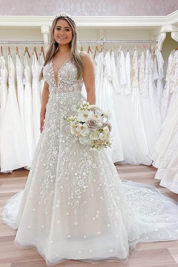 Luxury Long A-line V-neck Lace Wedding Dress With Appliques BM bride