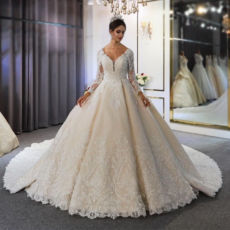 Classy Train A-Line Sweetheart Backless Long Sleeve Wedding Dress with Lace Appliques and Sequins BM bride