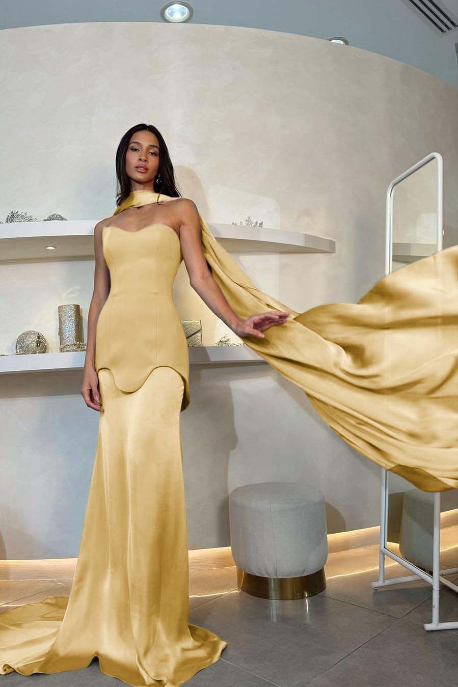Halter Sleeveless Strapless Long Mermaid Prom Dress With Pleated