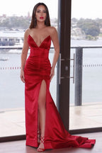 Red V-Neck Mermaid Prom Dress with Split BM bride