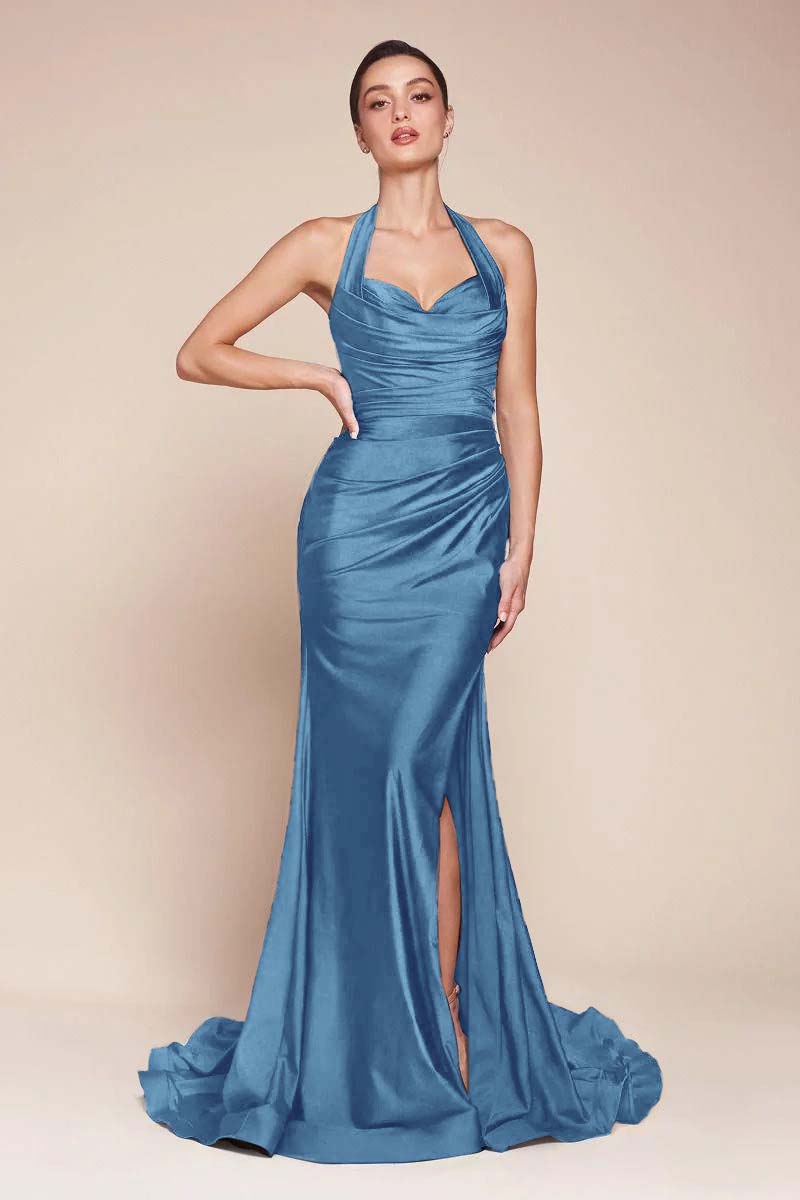 Halter Sleeveless Split Mermaid Long Prom Dress With Pleated BMBRIDE