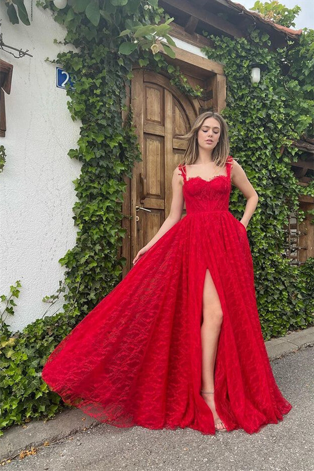 Red Front Split Sleeveless Evening Dress with Appliques BM bride