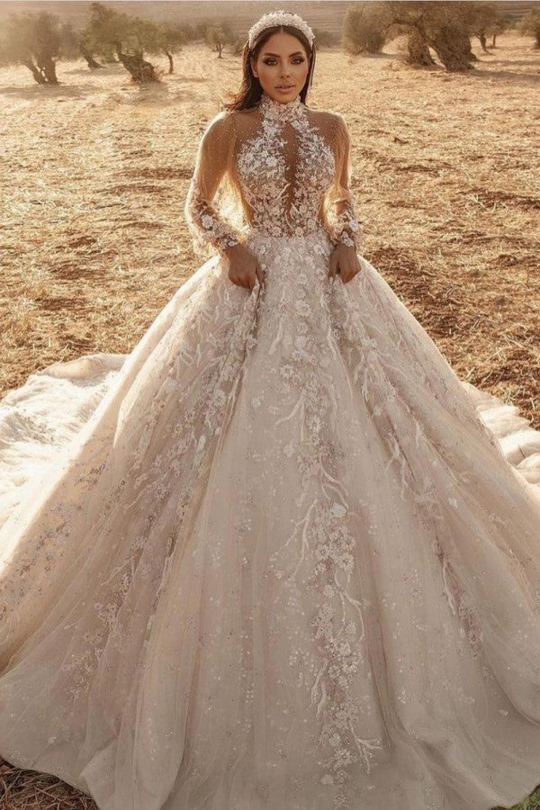 High Neck Long Sleeve A-Line Wedding Dress with Lace Appliques and Tulle Train BM bride