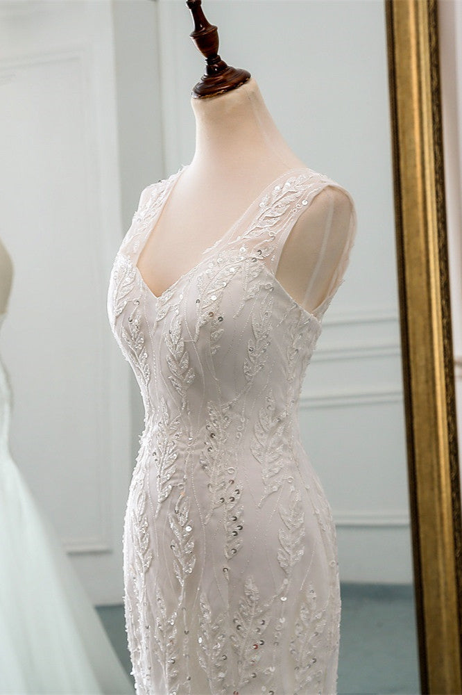 V-Neck Tulle Long Mermaid Wedding Dress with Beading BM bride