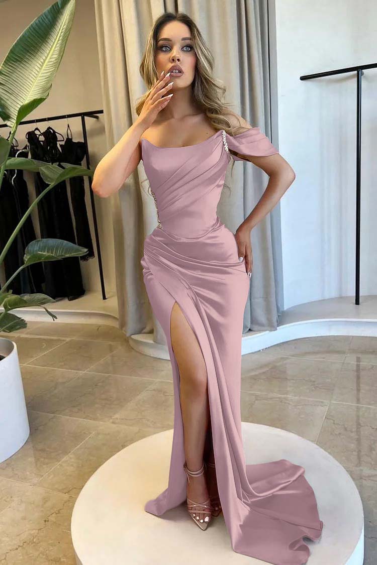 Strapless One Shoulder Long Mermaid Prom Dress With Split Beading BMBRIDE