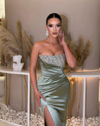 Sage Green Sleeveless Prom Dress with Strapless Pleated Slit BM bride
