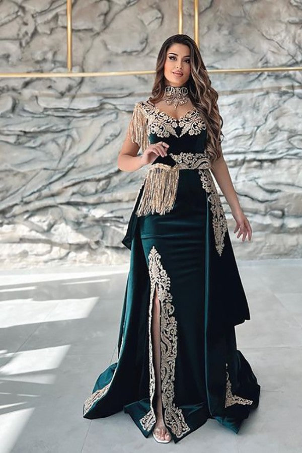 Dark Green Sleeveless V-Neck Applique Mermaid Evening Dress with Detachable Skirt BM bride