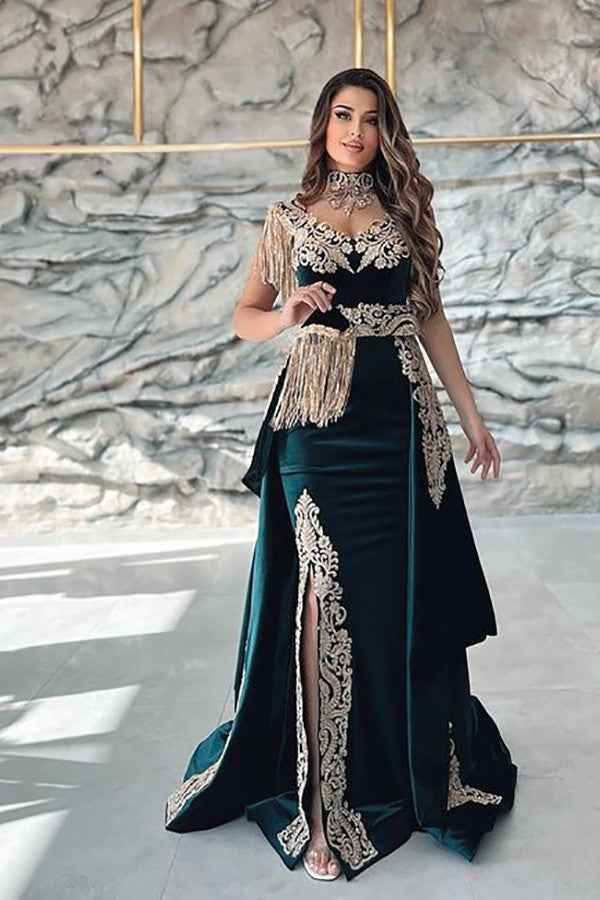 Sleeveless Applique Split Mermaid Prom Dress Dark Green With Detachable Skirt