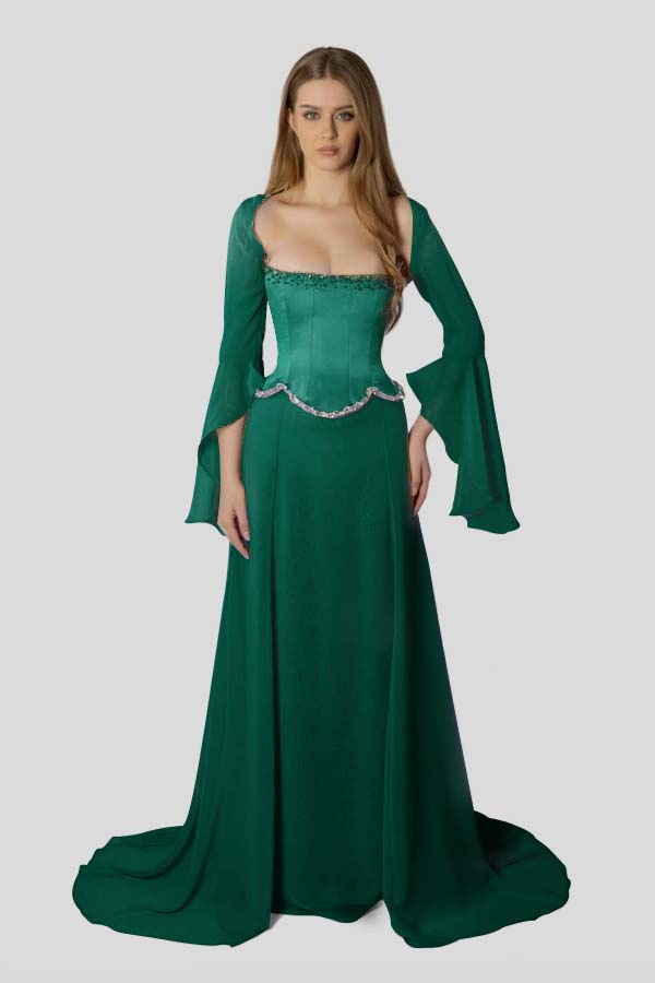 Chiffon Long Sleeves Long Mermaid Prom Dress With Beading Pleated BMBRIDE