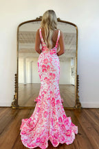 Dazzling Pink V Neck Sequin Lace Mermaid Prom Dress BM bride
