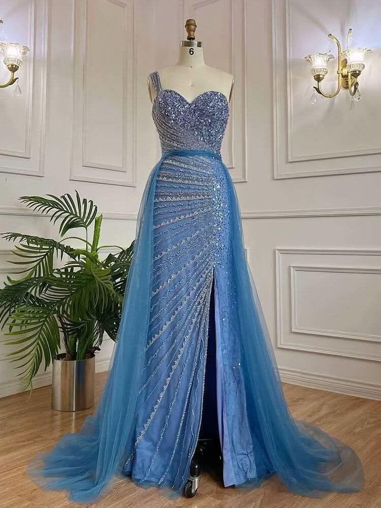 Sleeveless Mermaid Evening Dress with Split and Sequined Tulle BM bride