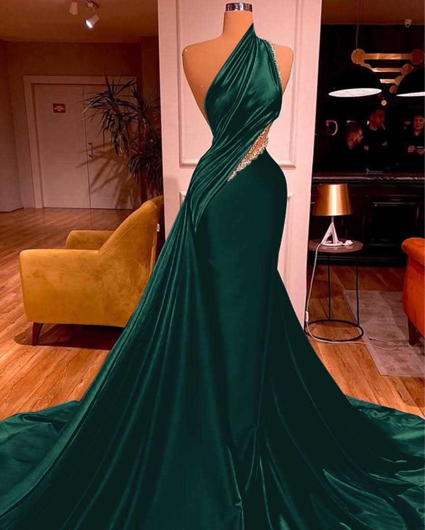 Elegant One Shoulder Mermaid Prom Dress Long Pleated with Beads BM bride