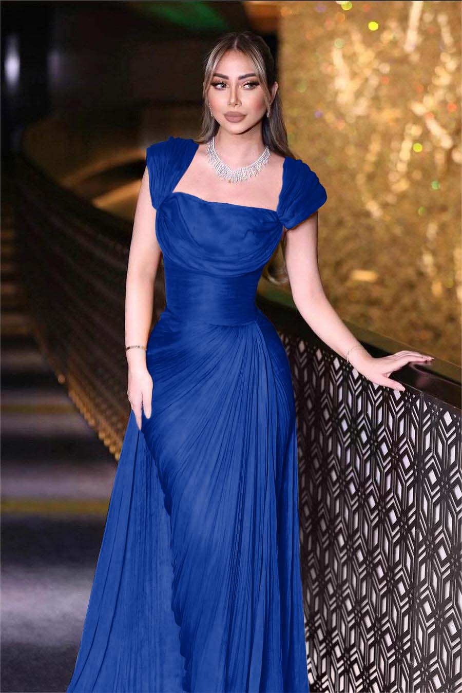 Daffodils Square Neck Sleeveless High Waist Long Pleated Prom Dress With Split BMBRIDE