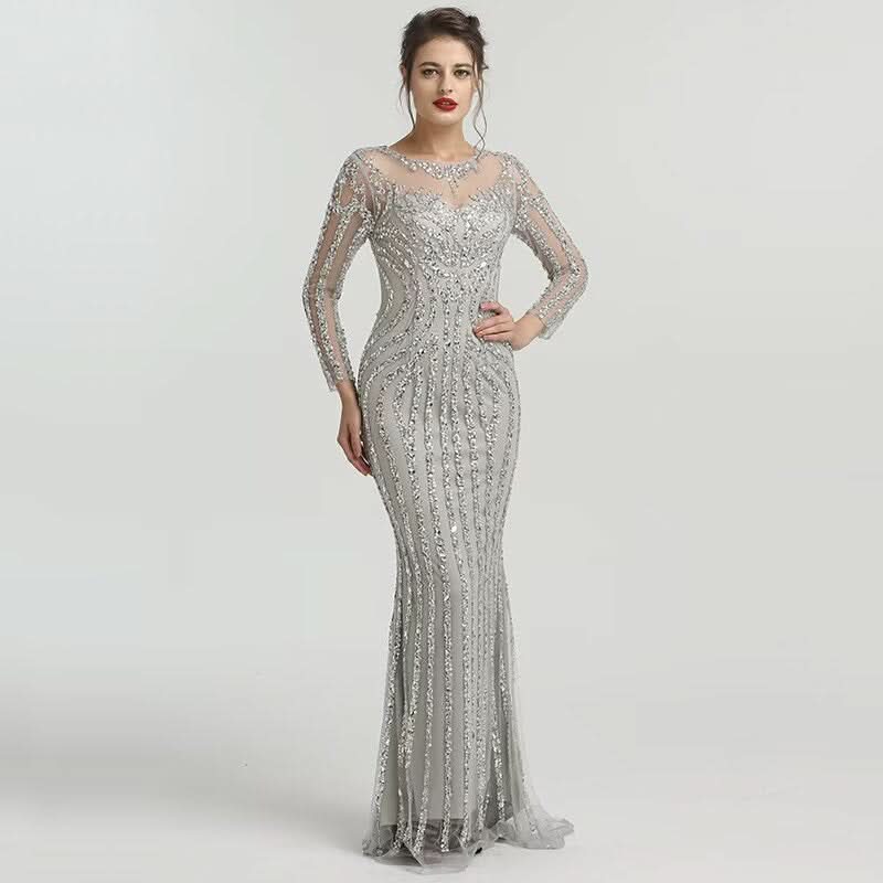 Grey Luxury Long Sleeves Evening Dress with Sparkly Diamond Beading BM bride