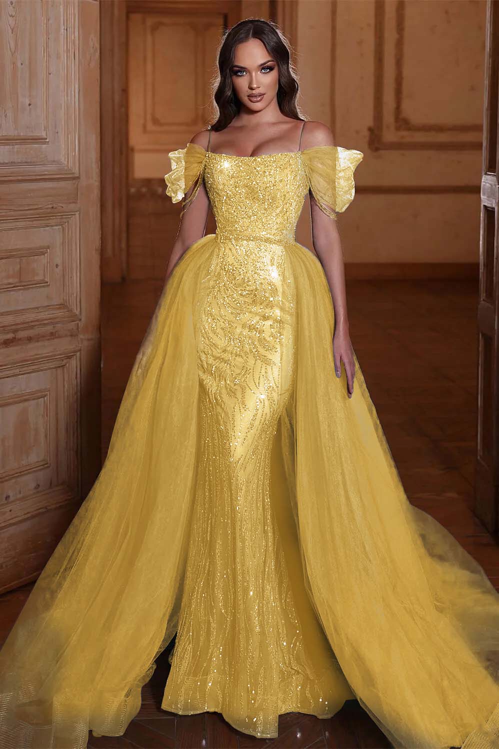 Off the Shoulder Mermaid Prom Dress Tulle Ruffles With Appliques