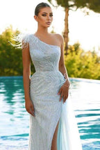 Tulle One Shoulder Sleeveless Long Split Sequins Prom Dress With Feather