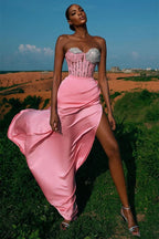 Pink Sweetheart Mermaid Evening Dress with Split Beading and Lace Appliques BM bride