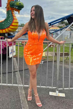 Sparkly Orange Sequins Lace-Up Back Tight Short Homecoming Dress