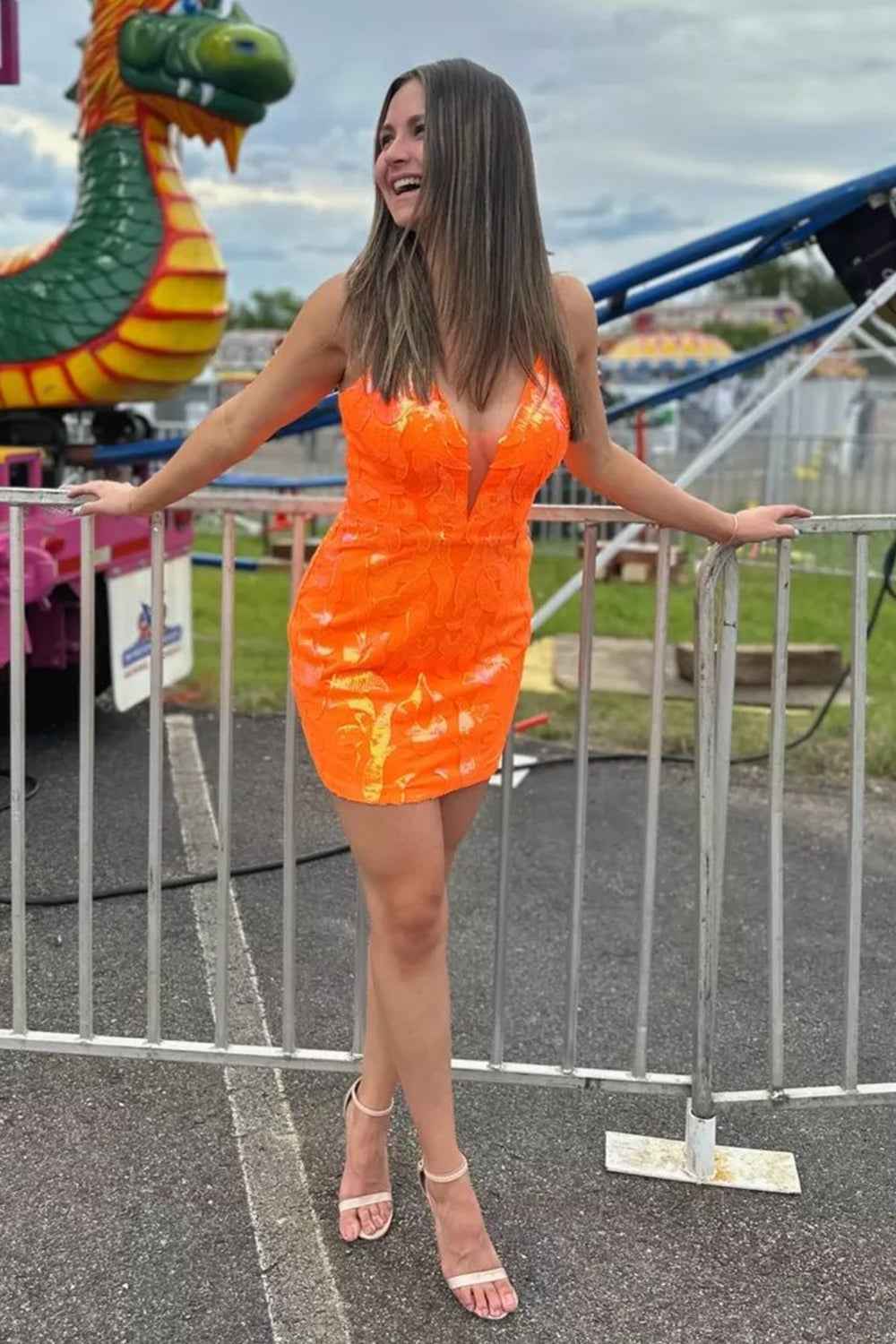 Sparkly Orange Sequins Lace-Up Back Tight Short Homecoming Dress