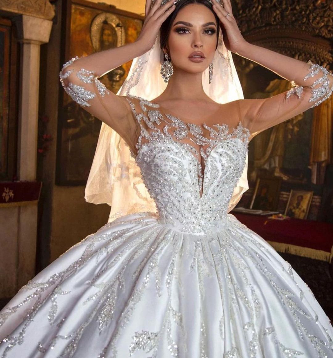 Gorgeous Long Princess Sweetheart Satin Wedding Dress with Sleeves BM bride