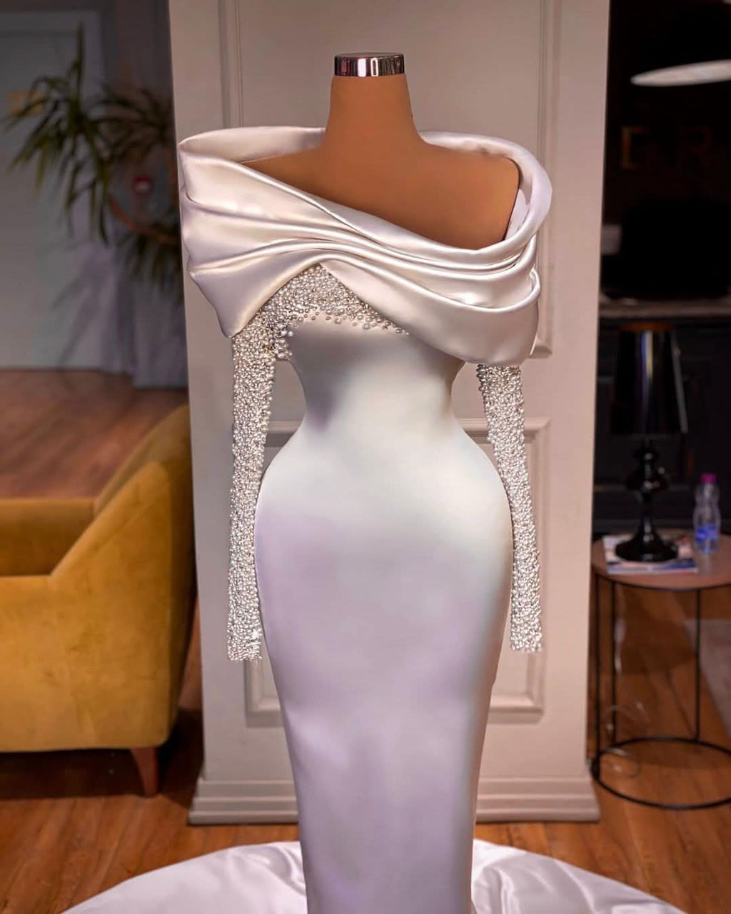 Elegant White Long Sleeve Evening Dress with Beadings BM bride