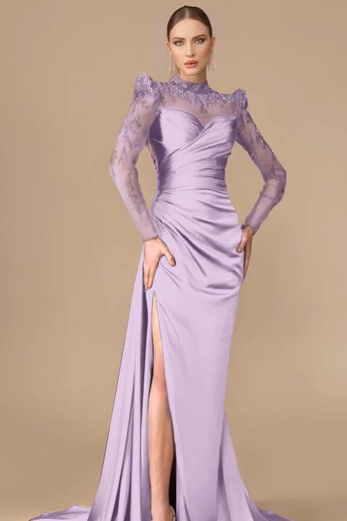 Long Sleeves Long Mermaid Prom Dress With Split Pleated Appliques BMBRIDE