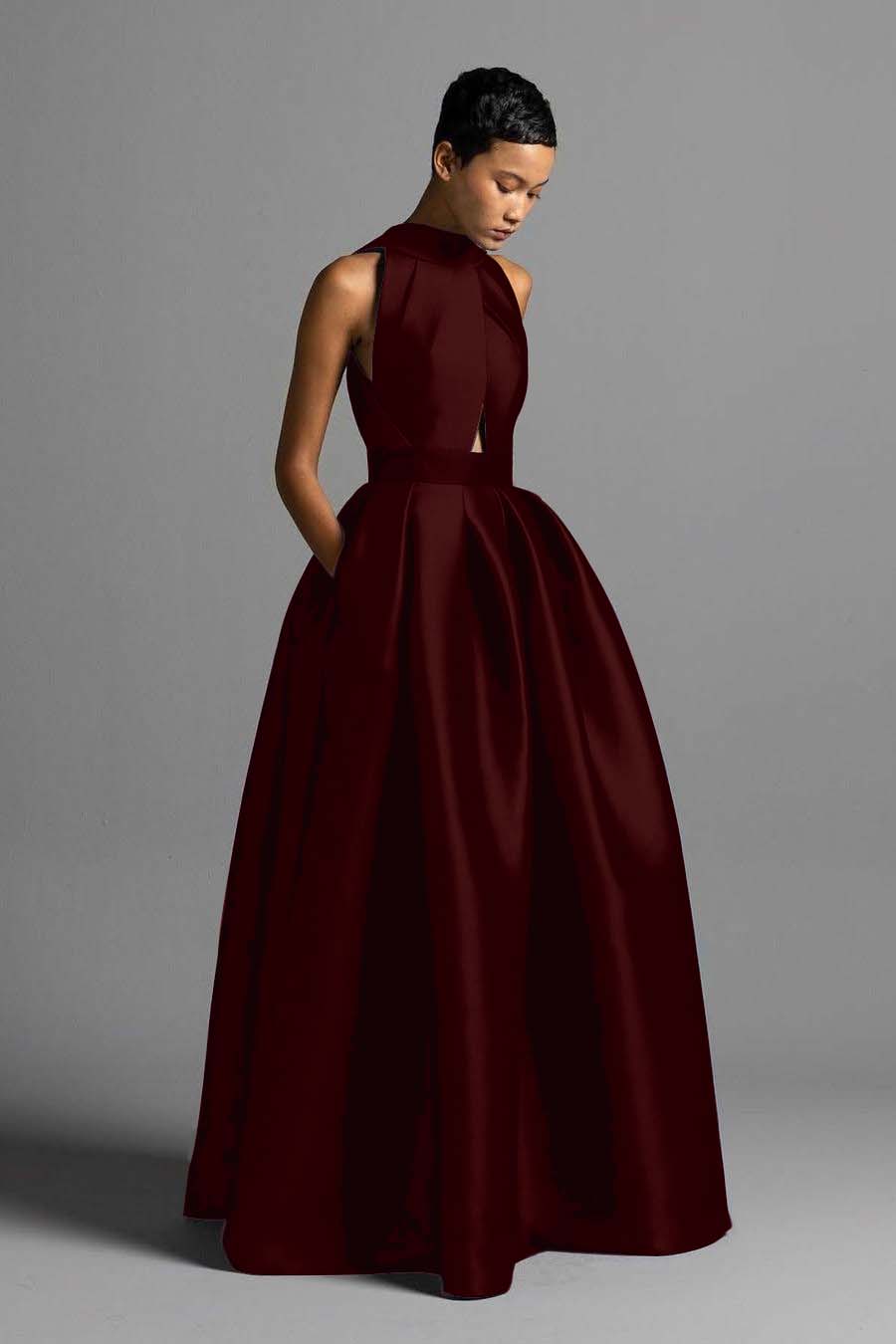 Halter Sleeveless High Waist Long Prom Dress With Pocket Pleated BMBRIDE