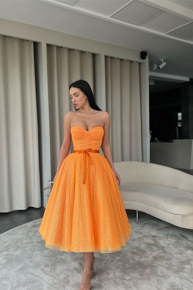 Sweetheart Orange Short Evening Dress with Sequins and Belt BM bride