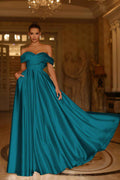 Off the Shoulder Satin Gown With A Line  And Side Pockets Prom Dress